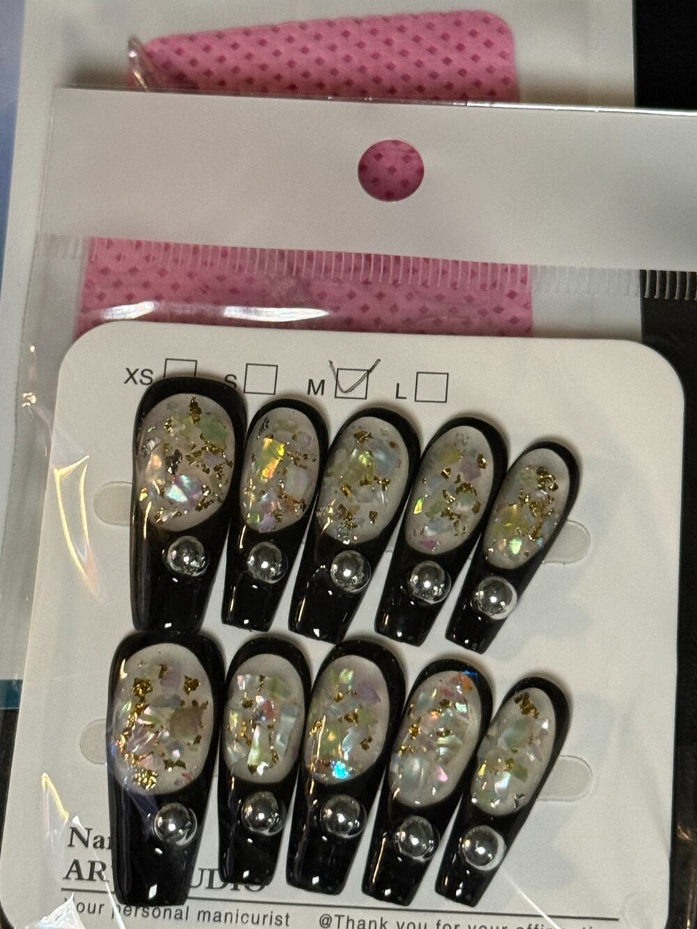 Press-On Nails Acrylic Black White Rhinestone Pearl Med Long Coffin Handmade New